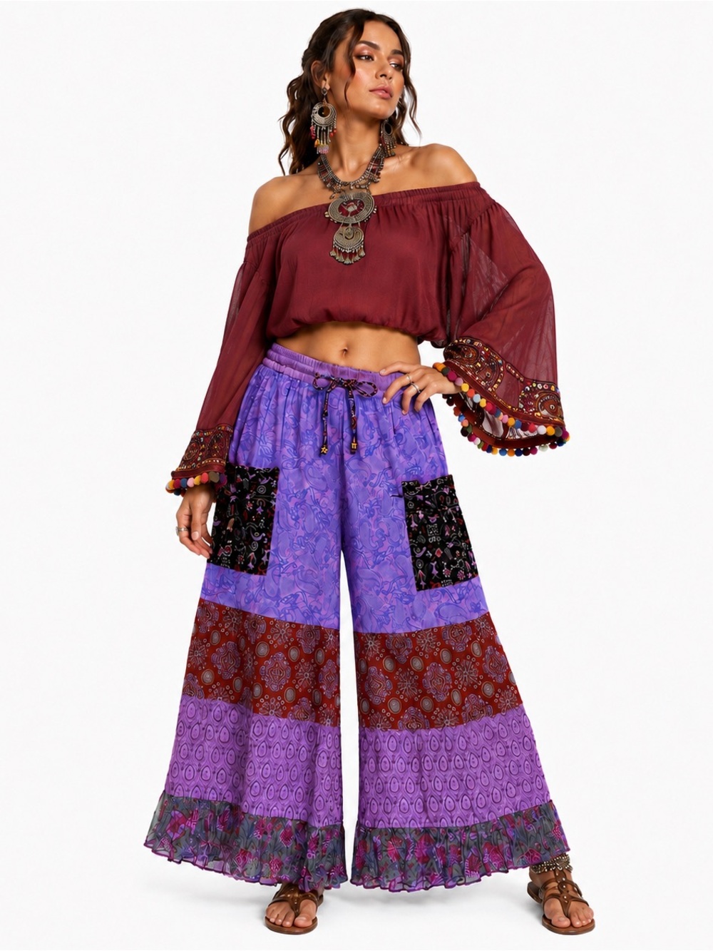 Hippie Forever Handmade Patchwork Palazzo Pants Womens SZ OS Dreamy Forest Fairy